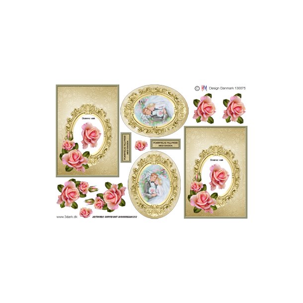 Firkantet kort med guld ramme og lyserd rose med brudepar