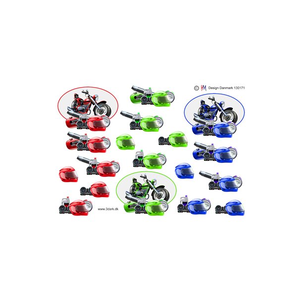 3D ark. 3 motorcykler, rød, grøn og blå