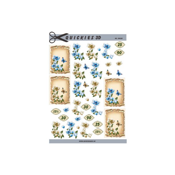 4 mini motiver med pergament med bl og lysebrune blomst og sommerfugl og tallet 25, 30, 90 &amp; 12,5