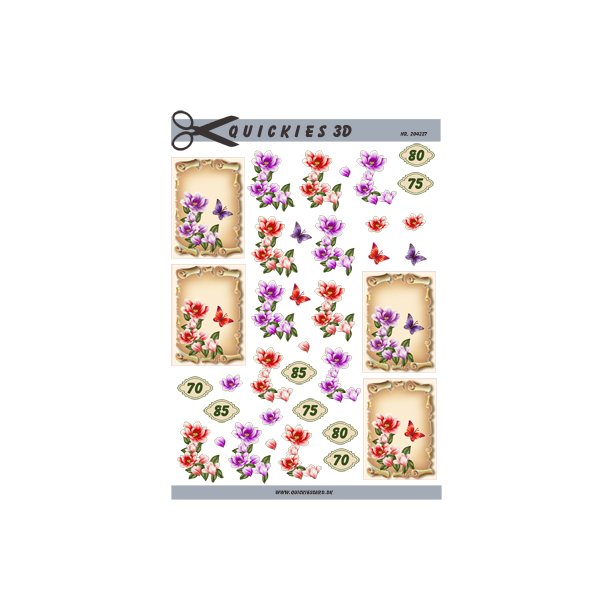 4 mini motiver med pergament med rde og lilla blomst og sommerfugl og tallet 70, 75, 80 &amp; 85