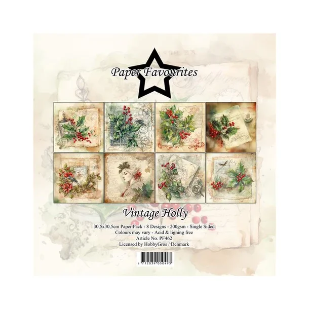Paper Favourites Paper Pack "Vintage Holly" PF462 200gsm - 8 ark - 30,5x30,5cm