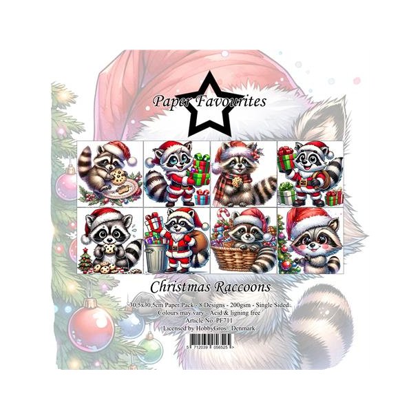 Paper Favourites Paper Pack "Christmas Raccoons" PF711 (200gsm - 8 ark - 30,5x30,5cm)