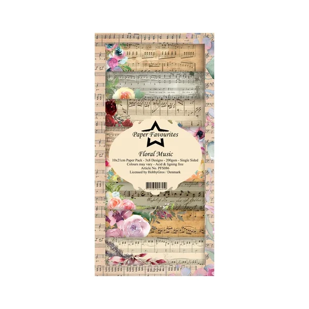 Paper Favourites Slim Card "Floral Music" PFS086 200gsm - 24 ark - 10x21cm