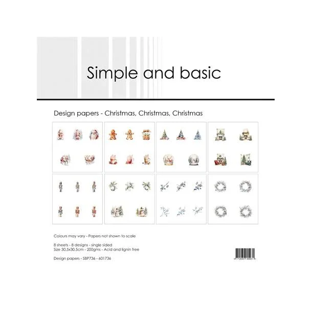 Simple and Basic Design Papers "Christmas, Christmas, Christmas" SBP736 (200gsm - 8 ark -30,5x30,5cm